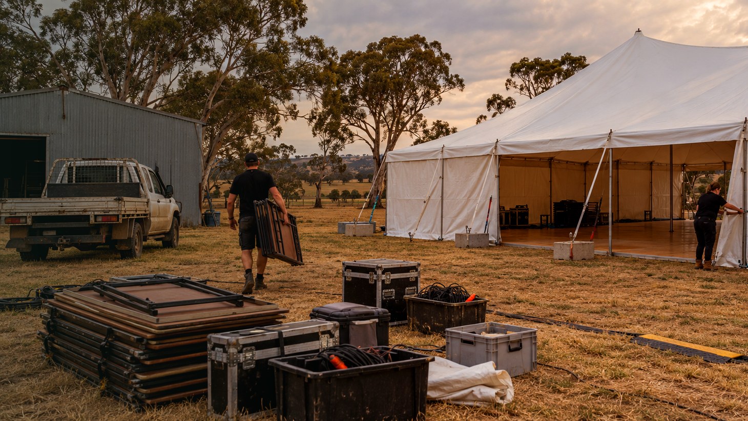 A mobile bar being set up outdoors in the last of the light
