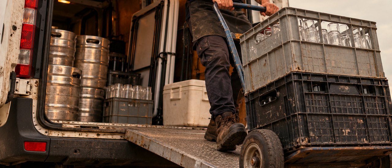 Crates and kegs being wheeled down a ramp from the back of a van