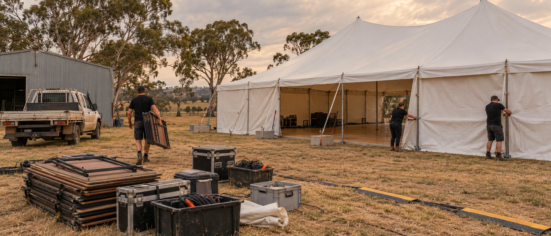 A marquee and bar being built on a property in the afternoon