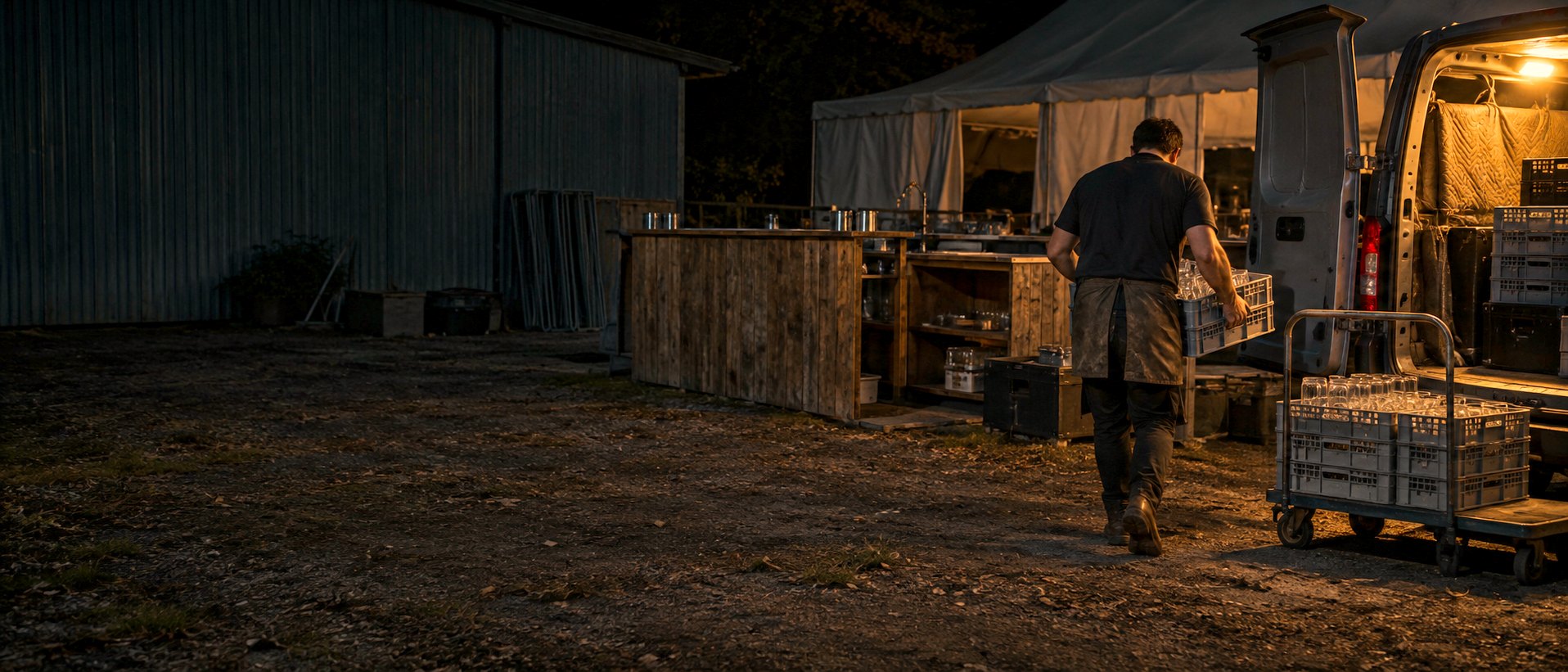 Crates stacked and gear being loaded out in the dark after an event