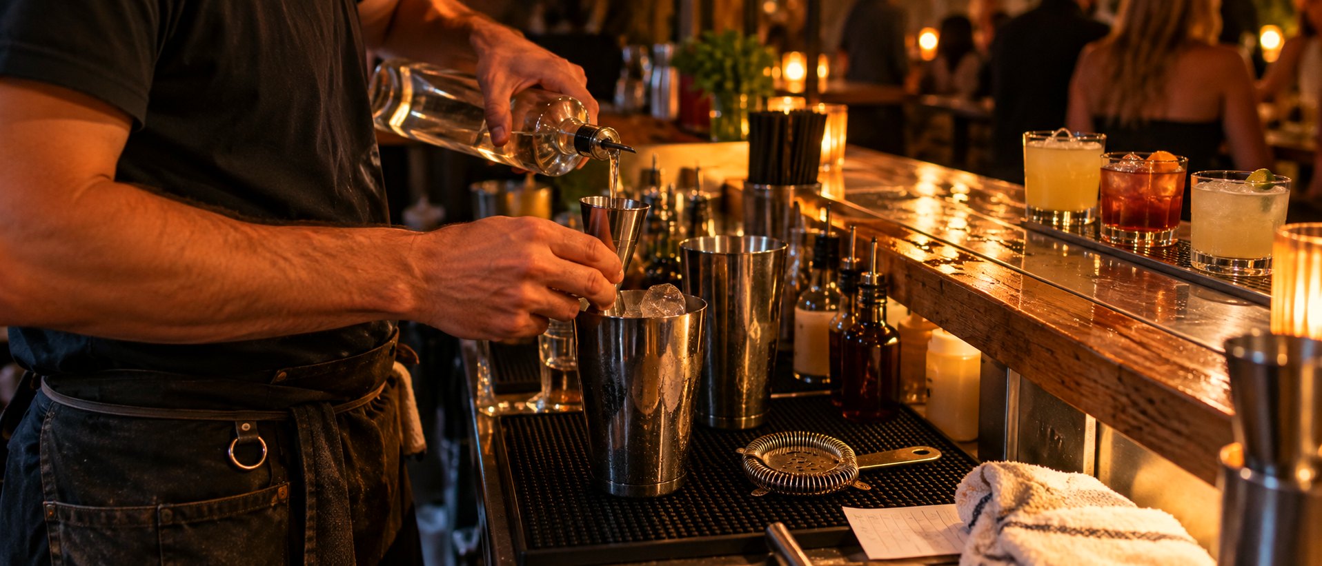 A bartender’s hands making drinks on a busy bar